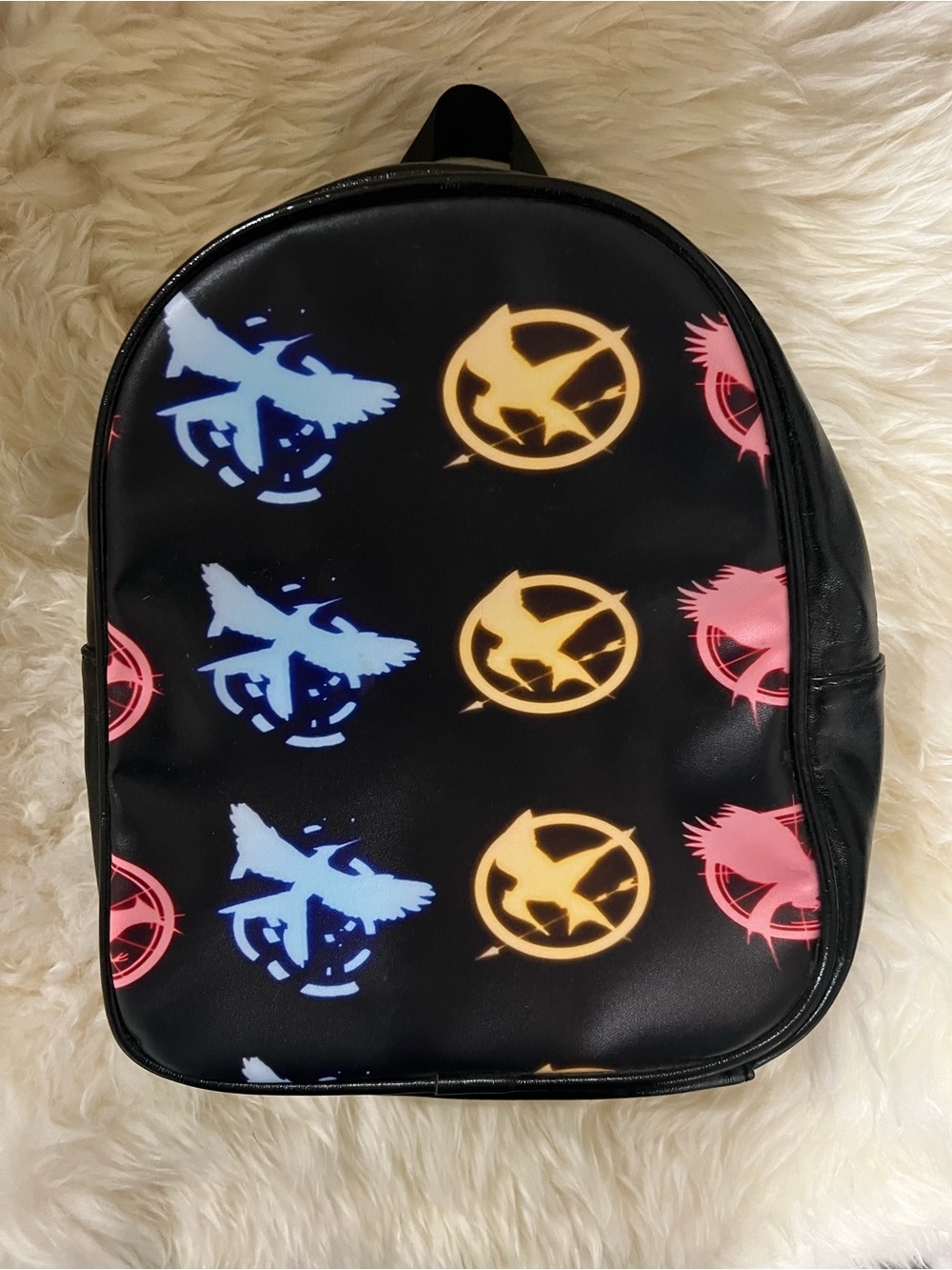 VERY RARE Small Black Backpack with Multicolor Mockingjay Icons HUNGER GAMES